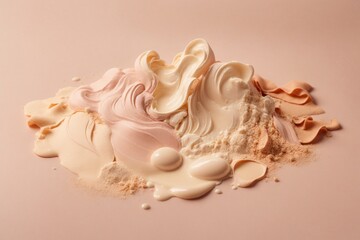 Liquid foundation on pink background, top view. Professional makeup artist tools
