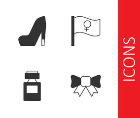 Set Gift bow, Woman shoe, Perfume and Feminist activist icon. Vector