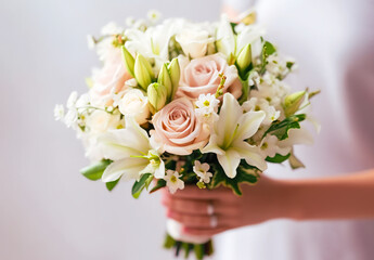 Beautiful bouquet of flowers in woman's hand on white background
