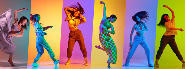 Collage. Artistic, talented young women, dancers making creative dance performance against multicolor background in neon light. Concept of art, choreography, creativity, movements. Banner, flyer, ad