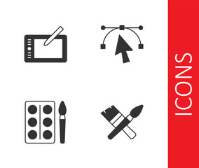 Set Paint brush, Graphic tablet, Watercolor paints box and Bezier curve icon. Vector