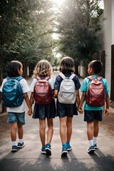 Obraz premium Group of young children walking together in friendship, embodying the back-to-school concept on their first day of school. Image created using artificial intelligence.