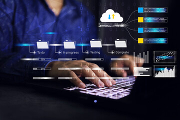 Businessman developer working on cloud data management kanban board frame work on laptop computer...