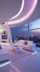 Fototapeta na wymiar Cityscape Elegance: A Futuristic High-Rise Living Room Oasis. Generative AI 11