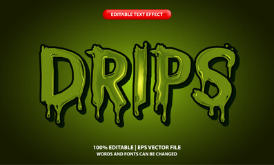 Drips editable text effect template, 3d cartoon green glossy slime text style, premium vector