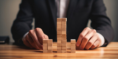 Businessman arranges wooden cubes on the table. Symbol of strategy.