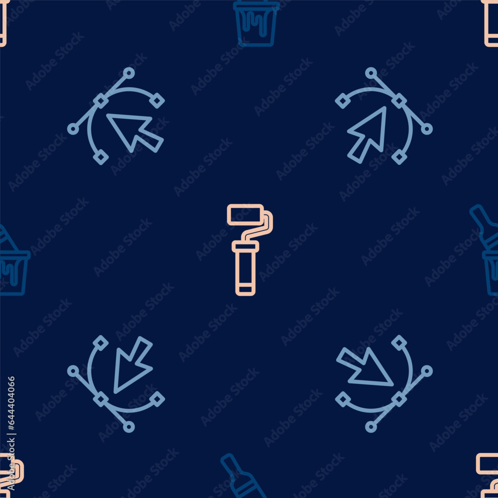 Poster set line paint bucket with brush, bezier curve and roller on seamless pattern. vector