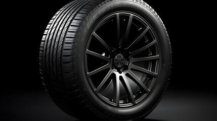 Car tire isolated on black background, Modern high-performance sport summer tyre isolated on a black background.