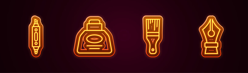 Set line Marker pen, Inkwell, Paint brush and Fountain nib. Glowing neon icon. Vector