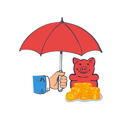 Protection money concept. Stack coins under an umbrella hold in hand. Secure investment, insurance. Vector illustration sketch flat design style. Shield to protect savings. Finance safety.