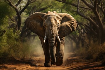 Adult African Elephants walks along path through jungle