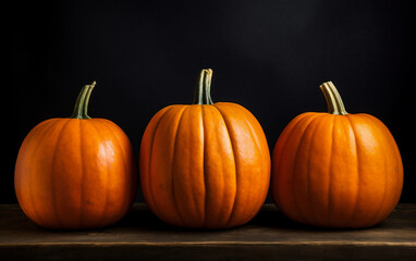 Pumpkin on black background. Pumpkin on a wooden table on a background of boards