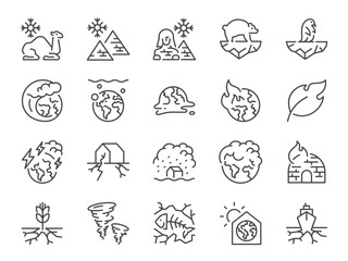 Climate change icon set. It included global warming, earth, heat, social issues and more icons. Editable Vector Stroke.
