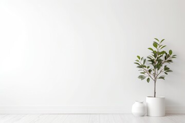 White empty minimalist room interior with vases on a wooden floor, decor on a large wall. Background interior. Home nordic interior.
