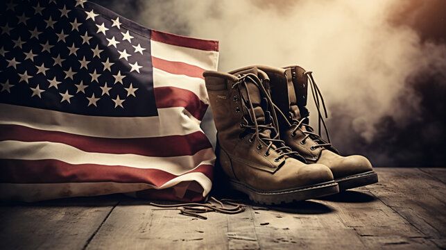 Old military combat boots with dog tags and two small flags