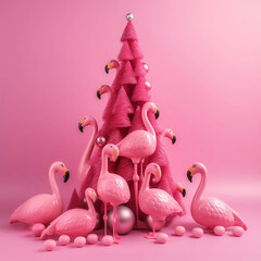 Christmas tree made of pink flamingos. Generated by AI.