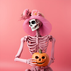 Female skeleton with pumpkin in pink tones. Generated AI.