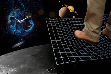 Businessman feet on space background while go to space and invest on the moon to build a colony to...