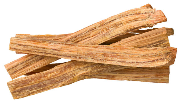 Aromatic cedar wood sticks isolated on white background, top view.