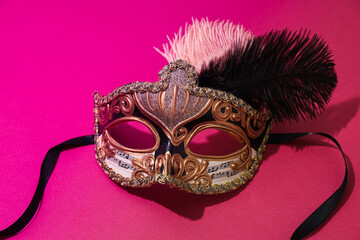 Carnival mask with feathers on pink background