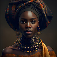 African beautiful model, dressed in national clothes, on a dark background - AI Generative