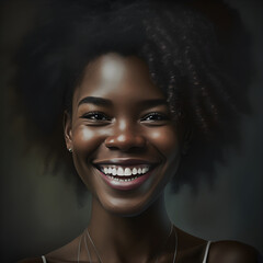 Beauty portrait of African American girl, pretty black woman, clean skin, smile, laughing at the camera - AI Generative