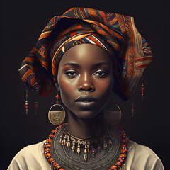 African woman dressed in traditional clothes of brown and beige. with large decorations on her ears and neck she is depicted against a dark background - AI Generative