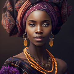 close-up portrait of a beautiful African American woman dressed in traditional clothing, yellow big earrings , jewelry, on the brown background - AI Generative