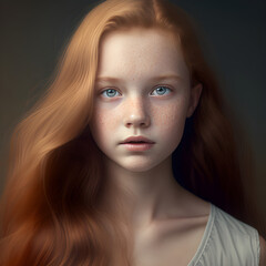 portrait of a young model with red hair on a gray background, blue eyes, thin neck, pale skin, dressed in a light dress - AI Generative