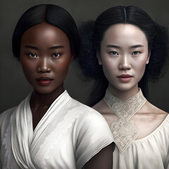 two Asian models with uncharacteristic facial features, dark Asian and white Asian, A dark-skinned Asian woman and a white Asian woman in white dresses show how everyone is different - AI Generative