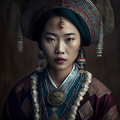 Mongolian model on a dark background in national ancient clothes - AI Generative