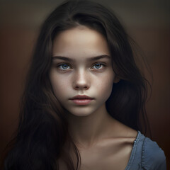 portrait of a young beautiful model with blue eyes and childlike features, black hair, blue eyes on a brown background - AI Generative