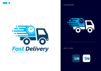 Fast Delivery Courier Company Logo Abstract Design Vector Template.
Express Delivery Transportation Icon Design Element.
Fast Delivery Cargo Truck Moving With Speed Motion Concept with App.