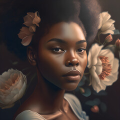 illustration of an African model, flowers in her hair, beautiful face, big eyes, small nose - AI Generative
