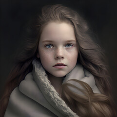 a young girl in warm clothes with curly hair depicts emotions of indifference to the cold - AI Generative