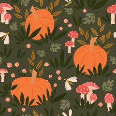 cute hand drawn fall autumn seamless vector pattern background illustration with orange pumpkins, mushrooms, leaves, berries and branches for thanksgiving and halloween holidays