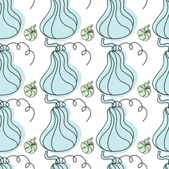 Seamless pumpkin pattern. halloween or thanksgiving day pattern. Vegetables in green and blue line art