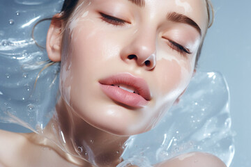 An underwater close-up of a pale-skinned woman's face, immersed in a blue, moisturizing environment. This image portrays the soothing and refreshing effects of skincare and wellness. - 644405438