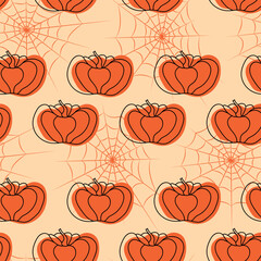 Orange Seamless pumpkin pattern with spider web. halloween patterns in line art