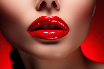 Obraz premium A stylish and glamorous close-up of a lady's face with glossy red lips. This retro-chic makeup look exudes elegance and sensuality for fashion and cosmetic promotions.