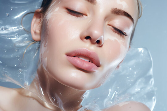 An underwater close-up of a pale-skinned woman's face, immersed in a blue, moisturizing environment. This image portrays the soothing and refreshing effects of skincare and wellness.