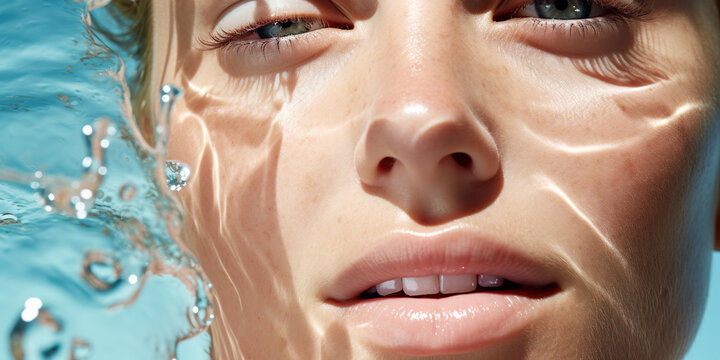 A close-up underwater portrait of a woman's face immersed in clear blue water. The image conveys a sense of purity and tranquility, for beauty and wellness content.