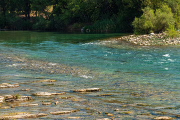 Aerial drone shot of Koprucay river from Koprulu Canyon in Manavgat, Antalya, Turkey