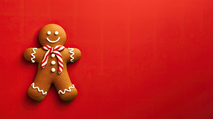 Fototapeta na wymiar Christmas banner, gingerbread man on red background with copy space at Christmastime. Tradition of Happy Christmas. Joyful celebrations with festive joy and sweet treats. flat lay, top view