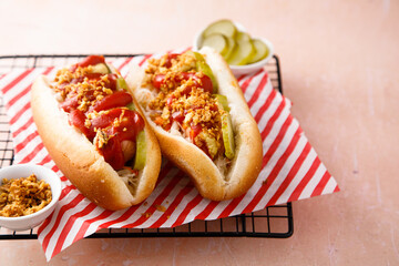 Traditional hot dogs with pickles