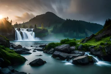 Fotobehang waterfall in the mountains © sharoz arts 