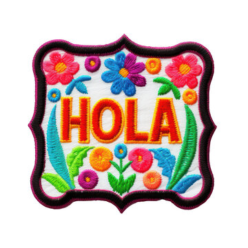 hola embroidered patch badge on isolated transparent background png, generative ai