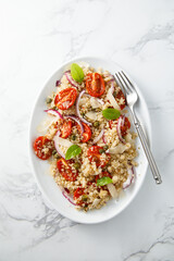 Warm couscous salad with tomatoes and red onion