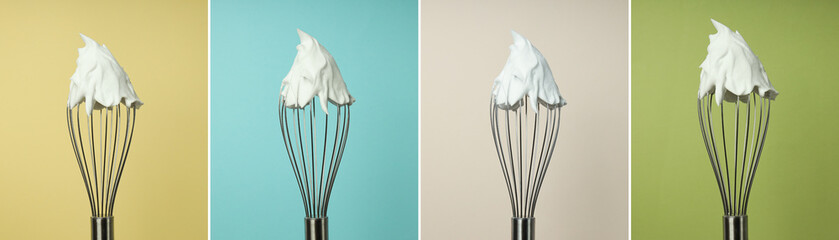 A collage of photos of protein cream on a pastry whisk.