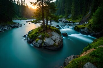 mountain river in the forest - obrazy, fototapety, plakaty